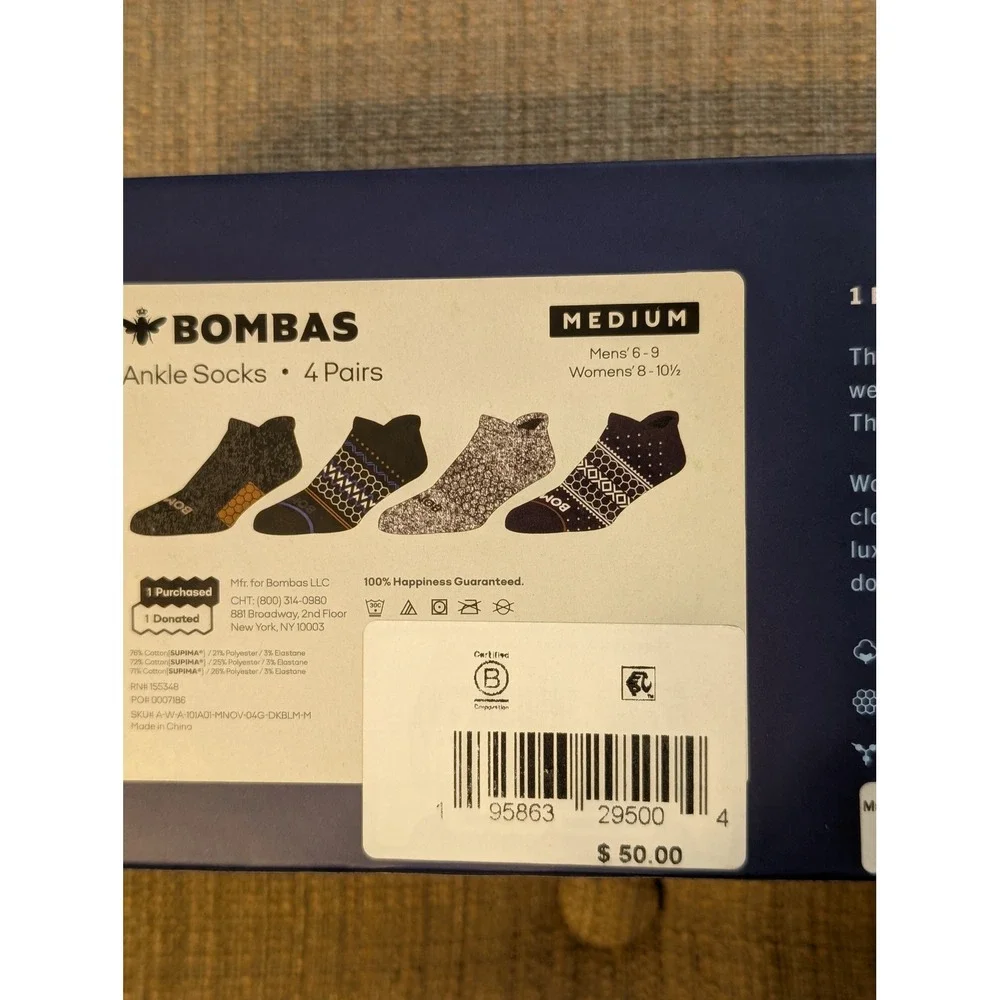 Bombas Ankle Socks 4 Pair Gift Box Set Medium Mens 6-9 Womens 8-10.5 Fair Isle